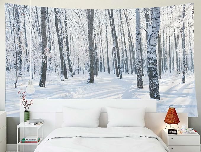 EMMTEEY Winter Tapestry Forest Wall Tapestry Winter Scene Birch Forest White Scenic Tapestry 60X40 Room Tapestry Present for Families