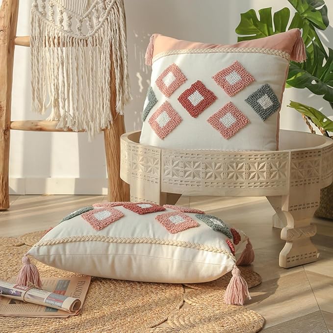 Pink and White Bohemian Decorative Throw Pillow Covers 18x18 Inch - Geometric Moroccan Tufted Covers with Tassels | Boho Decor for Sofa Bed Living Room | Dusty Rose & Cream Textured (Set of 1 A)