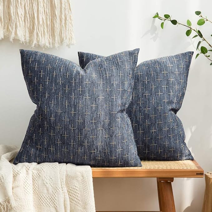 MIULEE Pack of 2 Decorative Burlap Linen Throw Pillow Covers Modern Farmhouse Vintage Pillowcase Rustic Woven Textured Cushion Cover for Sofa Couch Bed 22x22 Inch Blue