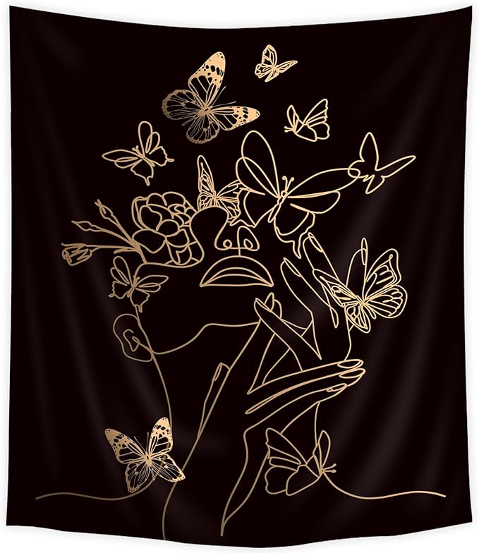 SVBright Simple Woman Flower with Butterfly Fabric Wall Hanging Tapestry 51Wx59H Inch Art Line Aesthetic Modern Minimalist Sketch Wall Black Gold Hanging Home Decor Art for Living Room Bedroom Dorm