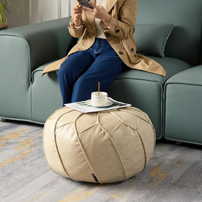 Louis Donné Unstuffed Pouf Ottoman Cover, Round Foot Stool for Poufudic Foot Rest, Storage Bean Bag Floor Chair Waterproof Faux Leather Pouffe Footstool for Living Room Fashion Design (White)