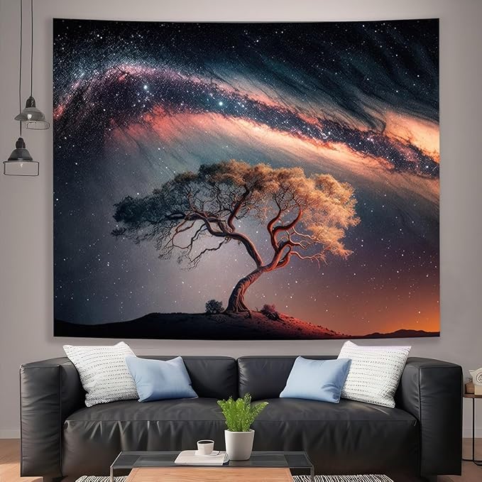 Large Space Galaxy Tree of Life Tapestry for Bedroom Aesthetics, Black Starry Sky Night Star Posters Tapestries, Nature Landscape Blackdrop Wall Hanging for Men Dorm Living Room Decor 60 X 79 Inches
