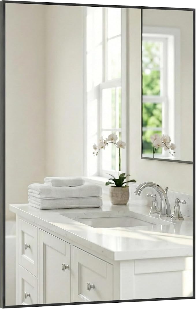 24''x36'' Matte Black Bathroom Mirror, Metal Framed Vanity Mirror for Wall Over Sink, Modern Farmhouse Rectangular Decor, Flush Mount, Vertical/Horizontal