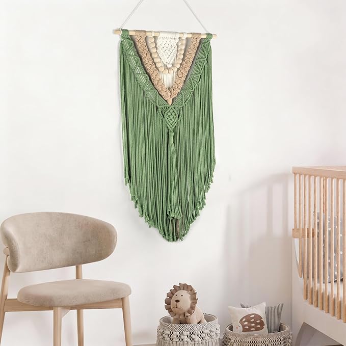 EOBTAIN Green Macrame Wall Hanging Boho Home Decor,Handmade Craft Handwoven Tapestry for Gallery Nursery Living Room,Natural Cotton Cord and Wood Beads Tassel Bohemian Art Decoration,30 Inch