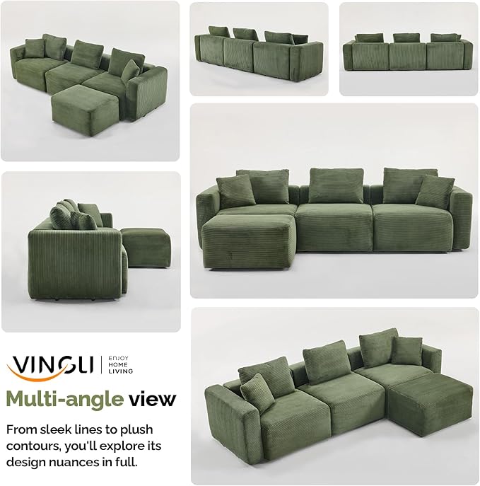 VINGLI 112.2“ Convertible Corduroy Cloud Sectional Couches with Movable Ottoman, L-Shaped Boneless Couches for Living Room with Deep Seat, 3 Seater Modular Spineless Sofa, No Assembly Required, Green