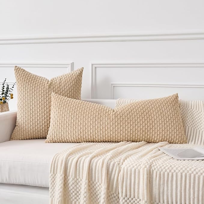 Kevin Textile 14x36 Inch Long Lumbar 1 Pack Boho Decorative Throw Pillow Cover Soft Striped Corduroy Rectangle Cushion Case Farmhouse Solid Color Accent for Living Room Couch Sofa Bed, Beige