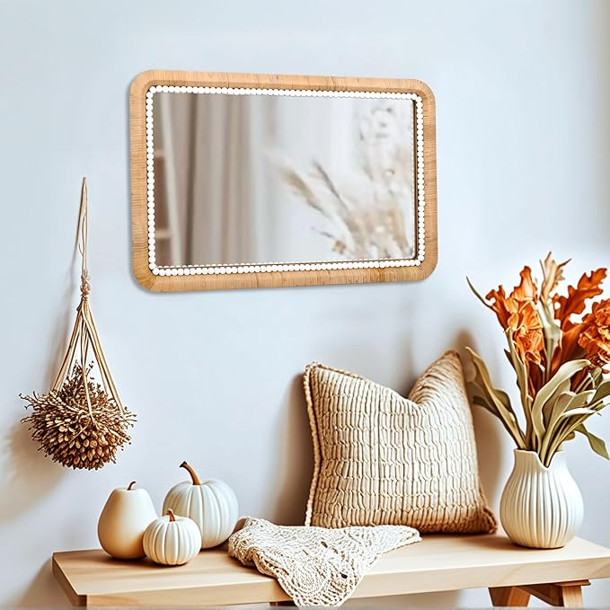 FUIN 30x20 Inch Rattan Wall Mirror with White Bead Trim, Handmade Boho Bathroom Vanity Mirror, Natural Rectangular Hanging Mirror for Bedroom, Living Room, Entryway, Vertical or Horizontal Mount