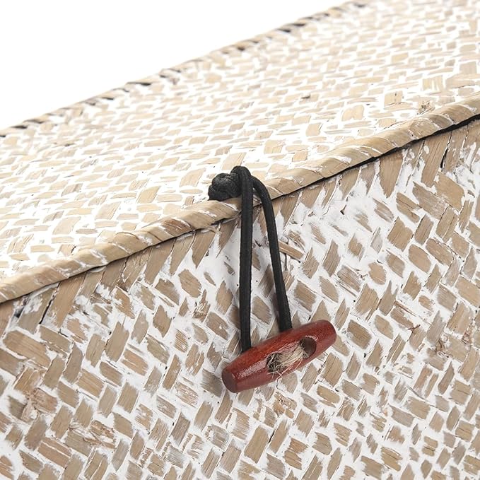 Seagrass Storage Basket for Bathroom - Wicker Toilet Tank Basket with Lid - Woven Storage Box for Organizing (Whitewash, 13" x 5" x 4.3")