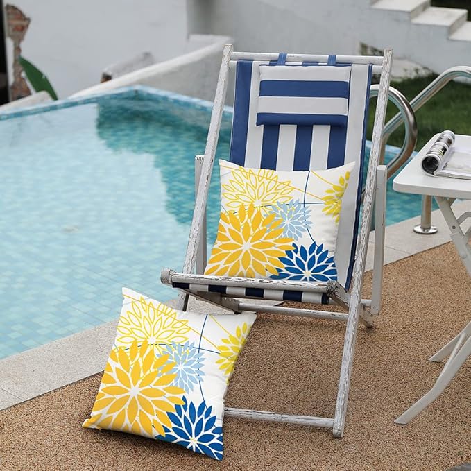 DFXSZ Yellow Blue Outdoor Pillow Cover 18X18 Inch Set of 2 Outdoor Waterproof Summer Floral Yellow Decorative Pillow case Decor for Couch Patio Funiture Garden Print Polyester Cushion Cover 01J18