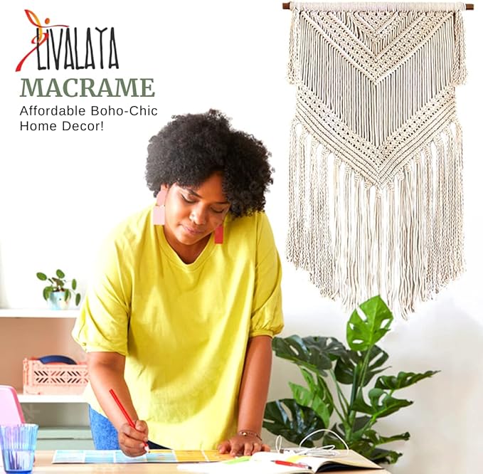 Livalaya Boho Macrame Woven Wall Hanging Beige 16 in x 36 in Modern Bohemian Tapestry wall Art Decor for House, Apartment, Dorm, Bedroom, Nursery, Party Decorations, Wedding, Wall Ornament