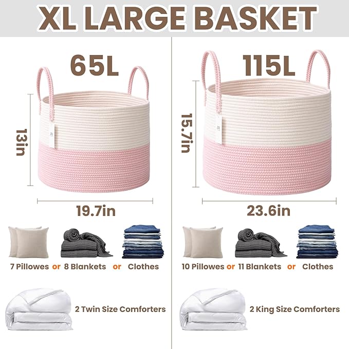 65L Extra Large Blanket Basket for Living Room - Woven Cotton Rope Laundry Hamper with Reinforced Handles - Storage Bin for Pillows, Comforters & Toys - Machine Washable,White&Pink