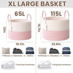 65L Extra Large Blanket Basket for Living Room - Woven Cotton Rope Laundry Hamper with Reinforced Handles - Storage Bin for Pillows, Comforters & Toys - Machine Washable,White&Pink