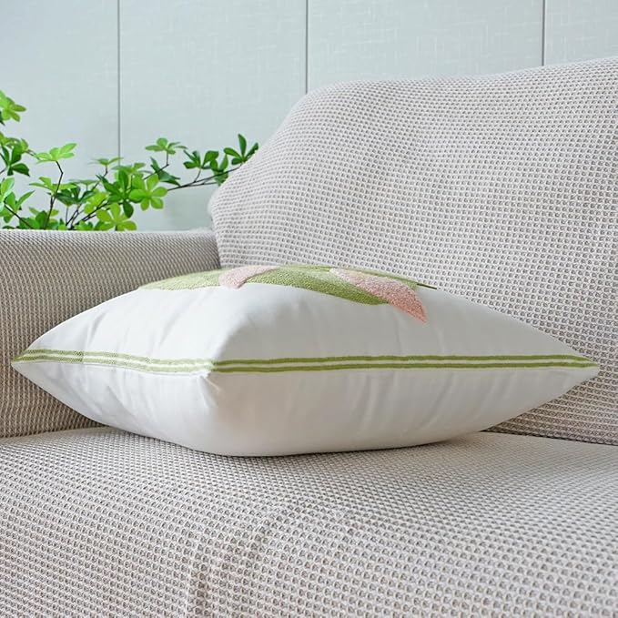 vctops Farmhouse Calla Lily Cotton Tufted Throw Pillow Cover Spring Floral Embroidery Pillowcase Soft Square Cushion Case for Sofa Couch Bed Chair (Pink C,18"x18")
