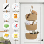 ANTIS'S HOME Over The Door Organizer Hanging Basket, 3-Tier Woven Cotton Wall-Mounted Nursery Storage Organizer Bag Boho Decorative Hanging Nursery Baskets for Living Room Bedroom - Honey
