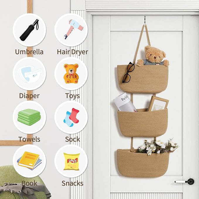 ANTIS'S HOME Over The Door Organizer Hanging Basket, 3-Tier Woven Cotton Wall-Mounted Nursery Storage Organizer Bag Boho Decorative Hanging Nursery Baskets for Living Room Bedroom - Honey
