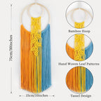 LB Boho Colorful Macrame Wall Hanging Yellow Hand Woven Leaf Pattern Tapestry Wall Art with Wood beads Modern Aesthetic Tassel Wall Decor for Home, Bedroom, Living Room