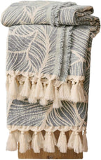 DOWN HOME Chenille Cotton Throw Blanket for Couch, Lightweight Boho Blanket for Bed Sofa Chair Living Room Outdoor Soft Woven Decorative Blanket with Tassel Gift Grey Leaves 60"x80"