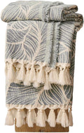 DOWN HOME Chenille Cotton Throw Blanket for Couch, Lightweight Boho Blanket for Bed Sofa Chair Living Room Outdoor Soft Woven Decorative Blanket with Tassel Gift Grey Leaves 55"x60"