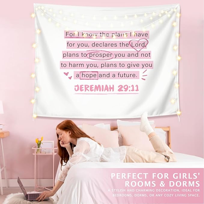 LIANGW Cute Pink Christian Tapestry Aesthetic for Bedroom, Coquette Preppy Room Decor for Women, Dorm Decor for College Girls, Bible Verses Tapestries Wall Hanging 50x60 inche