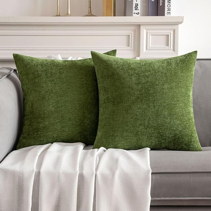 MIULEE Pack of 2 Moss Green Decorative Pillow Covers 18x18 Inch Soft Chenille Couch Spring Throw Pillows Farmhouse Cushion Covers for Home Decor Sofa Bedroom Living Room