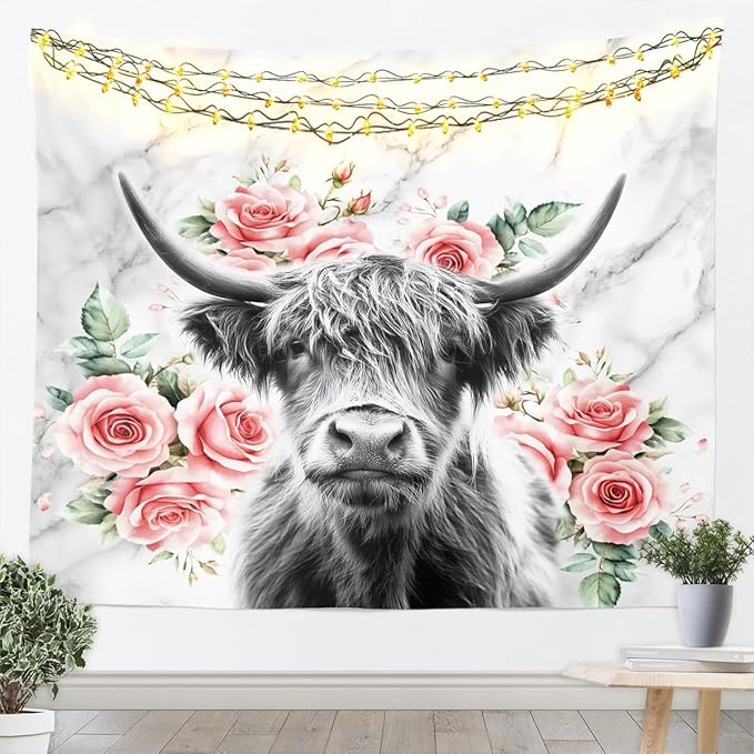 Erosebridal Highland Cow Flower Wall Hanging Bull Cattle Tapestry Room Decor Western Funny Animal Wall Blanket Rose Grey Marble Wildlife Farmhouse Room Decor Xlarge 70x92