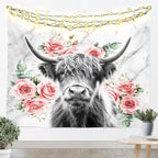 Erosebridal Highland Cow Flower Wall Hanging Bull Cattle Tapestry Room Decor Western Funny Animal Wall Blanket Rose Grey Marble Wildlife Farmhouse Room Decor Xlarge 70x92