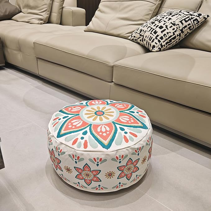 MOCOFO Round Bohemian Ottoman Pouf Cover, 18 Inch, Cotton Blend, Church Window Print, Living Room Storage Footrest, Cover Only (Blue Night)