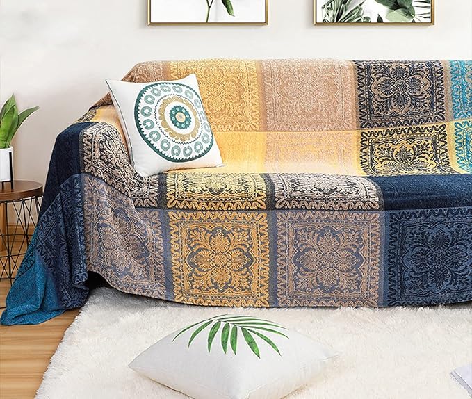 AIVIA Bohemian Throws Blanket, Chenille Woven Colorful Recliner Chair Couch Throw Futon Furniture Cover Sofa Slipcover Bed Blanket w/Boho Fringe - 87" x 103" Large Oversized, Teal Yellow