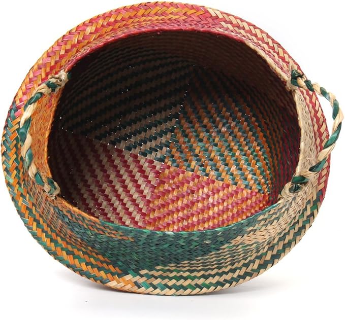 Natural Seagrass Basket - BESTCHANCEUS Seagrass Belly Basket with Handles Handmade Foldable Tote Basket for Storage,Laundry, Picnic, Plant Pot Cover, and Beach Bag Colorful 32x28CM