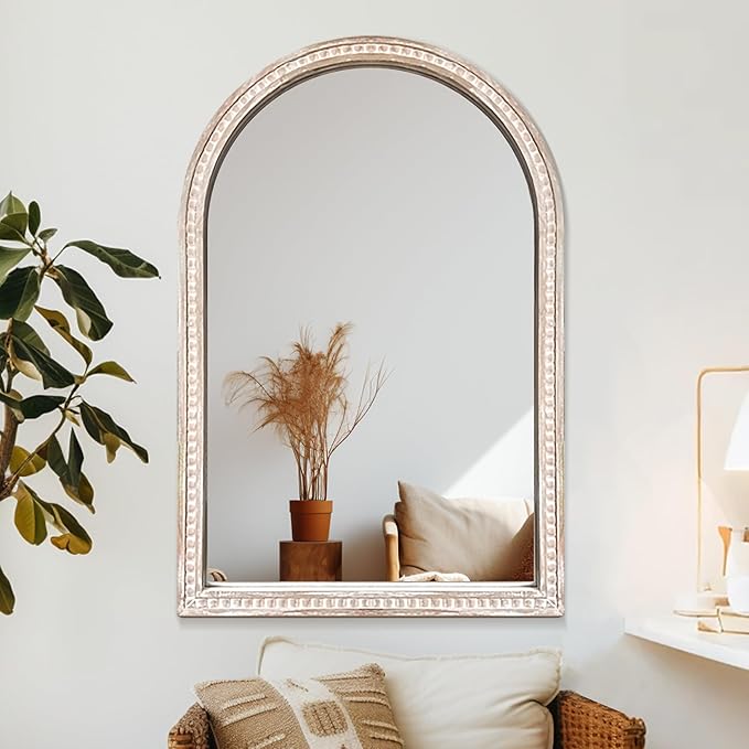 Arched Vanity Wall Mirror 36 x 24 Inch Beaded Wood Frame Boho Farmhouse Decorative Mirror for Bathroom Bedroom Entryway Living Room