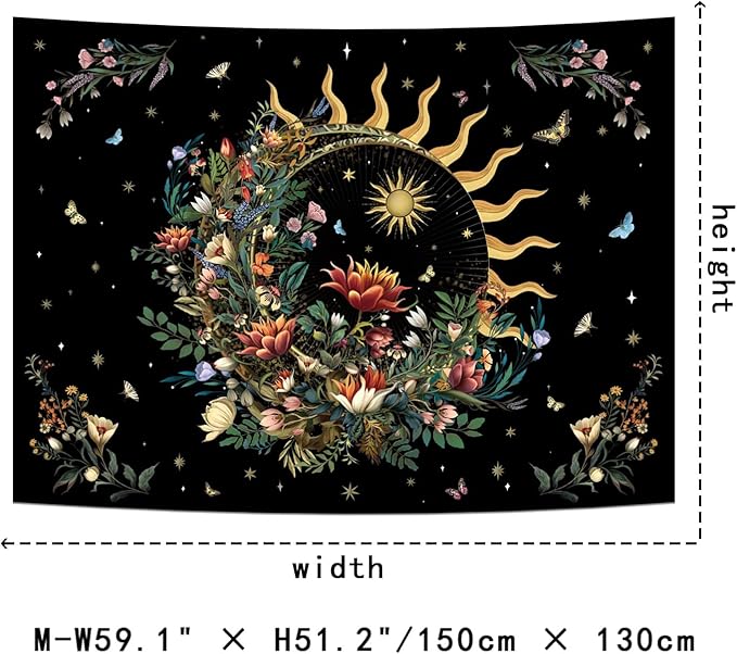 Racunbula Floral Plants Tapestry Sun and Moon Tapestry Retro Botanical Flowers Butterfly Tapestries Black Starry Sky Wall Poster Vintage Boho Aesthetic Tapestries Wall Hanging for Bedroom