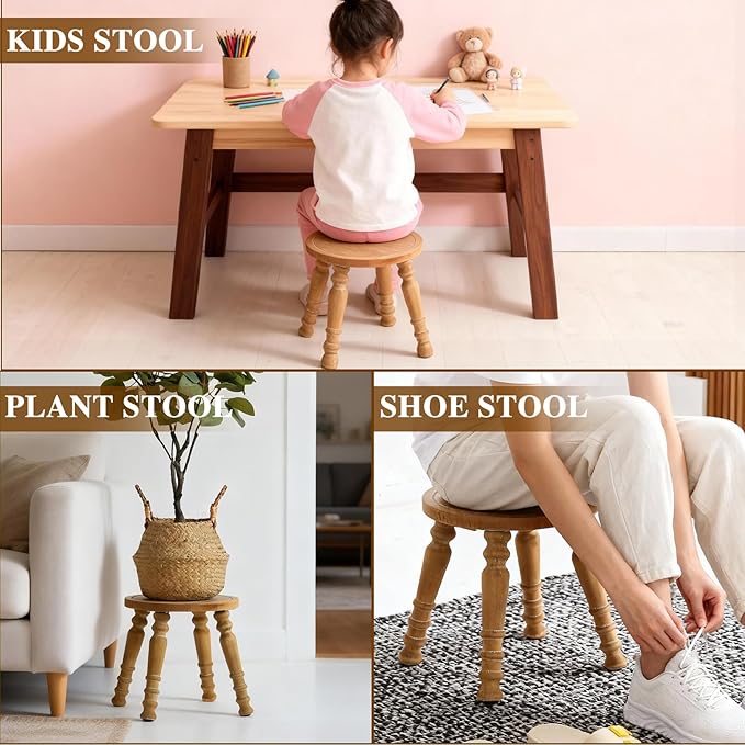 100% Solid Wooden Step Stool, Solid Wooden Stool for Adults, Small Wood Plant Stools, Short Stool for Bathroom, Kitchen, Bedroom, Plant Stand