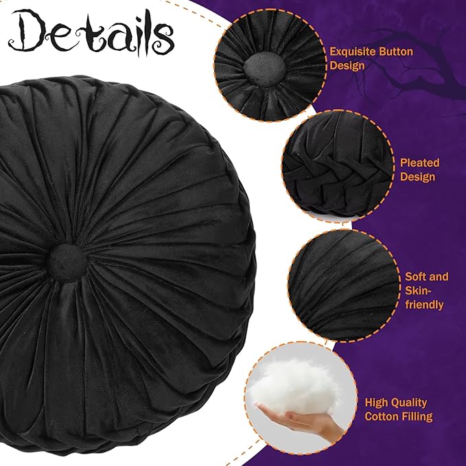 2 Pcs Round Throw Pillows 15 Inch Decorative Velvet Pleated Pumpkin Pillows Boho Floor Pillow with Center Button for Living Room Couch Chair Bed Sofa Home Decoration (Black)