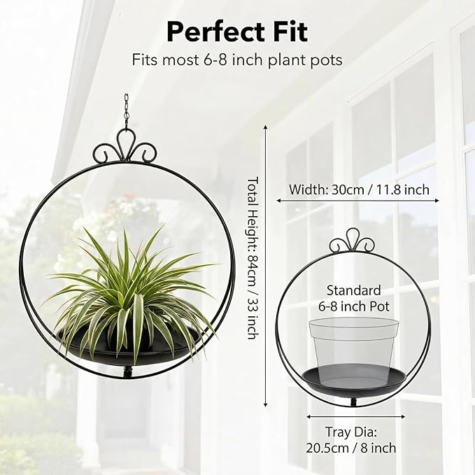 Heavy Duty Metal Hanging Planters for Indoor Plants - Black Plant Hanger with Sturdy Tray & Chains, Modern Boho Wall/Ceiling/Window Mounted Plant Basket (2/S, one Chain Flower Decor)