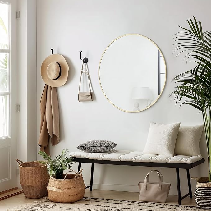 WallBeyond 28 inch Round Mirror Gold Large Circle Wall Mirror for Bathroom with Metal Framed, Round Wall Mirror for Wall Decor, Vanity, Entryway Living Room