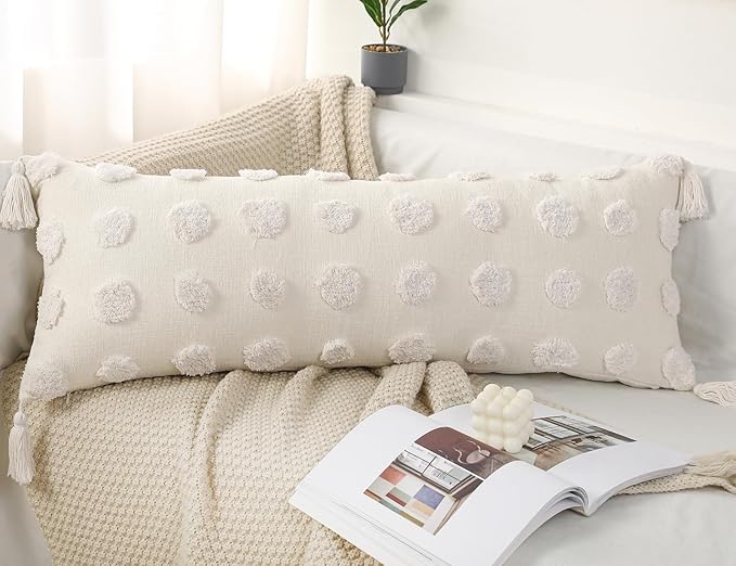 PANOD Decorative Long Lumbar Pillow Cover 14x36 Boho,Super Soft Chenille Extra Long Lumbar Pillow Case Cover with Tassel for Bed Sofa Couch Farmhouse Livingroom,White,Modern Skinny