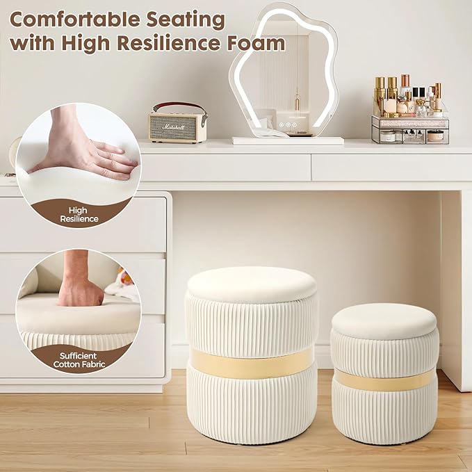 Round Ottoman with Storage Set of 2 Upholstered Velvet Vanity Stool for Living Room Storage Ottomans Multifunctional Foot Rest (White with Middle Gold)