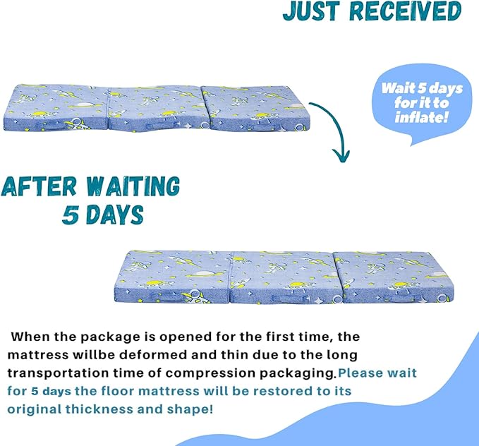 MeMoreCool Foldable Floor Mattress for Kids, Glow Space Trifold Mat, Kids Folding Mattress Portable Futon, 57x22 Inch Blue
