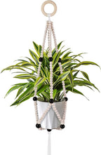 Hotfiary Plant Hanger Indoor Hanging Plant Holder Hang Planter Basket Wood Bead Decorative Flower Pot Holders Boho Farmhouse Rustic Decor Indoor Outdoor (Pot Not Included)