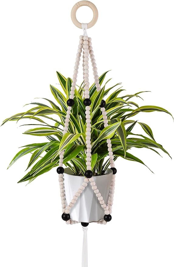 Hotfiary Plant Hanger Indoor Hanging Plant Holder Hang Planter Basket Wood Bead Decorative Flower Pot Holders Boho Farmhouse Rustic Decor Indoor Outdoor (Pot Not Included)