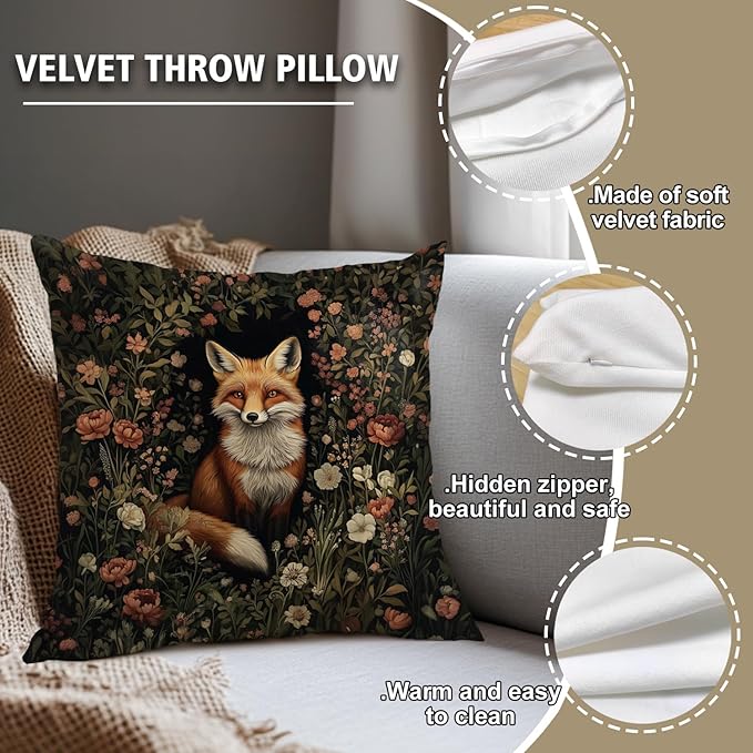 YOU FOUND ME William Morris Abstract Vintage Floral Fox Design Velvet Throw Pillow Covers Home Decor, Retro Art Decor Pillowcase Cushion Cover for Bed Sofa Living Room, Square 18x18inch (Orange-Fox2)