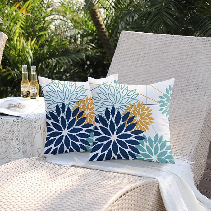 DFXSZ Dark Blue and Light Green Floral Pillow Covers 16x16 Set of 2 Outdoor Pillows Covers Waterproof Summer Pillowcovers Polyester Cushion Case Decor for Couch Patio Funiture Garden Porch 01T16
