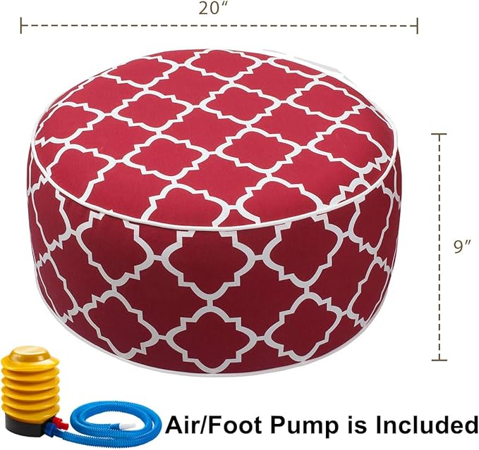 Outdoor/Indoor Inflatable Ottoman Pouf D20 xH9, All Weather Round Footstool with Foot Pump, Water Repellent Portable Footrest with Handle for Patio Garden Camping Travel-Red Geometry