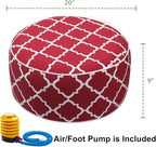 Outdoor/Indoor Inflatable Ottoman Pouf D20 xH9, All Weather Round Footstool with Foot Pump, Water Repellent Portable Footrest with Handle for Patio Garden Camping Travel-Red Geometry