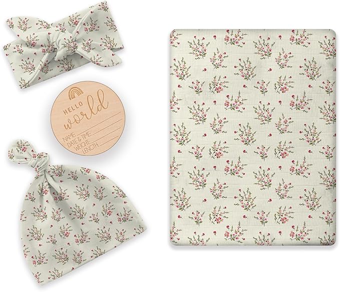 Newborn Swaddle Set with Matching Hat and Headband Bow, Wooden Birth Announcement Card, Muslin Baby Swaddle Blankets for Girls, Wildflower Pattern