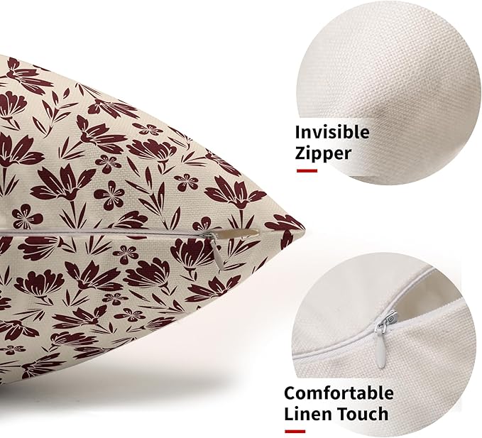 Burgundy Floral Pillow Covers 12x20 Set of 2 Vintage Rustic Old Style Cute Small Flower Cream Print Rectangle Decorative Outdoor Pillowcases Farmhouse Throw Cushion Case Couch Sofa Bed Decor