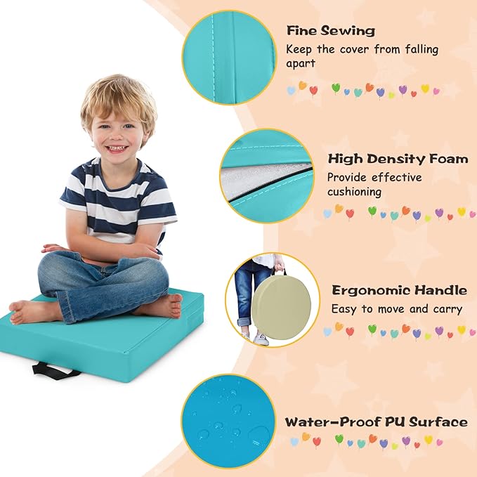 HONEY JOY 6PCS Floor Cushions for Kids, 15 Inch Flexible Alternative Portable Classroom Seating w/Handles, Easy to Clean, 3 Inch Thick Soft Foam Square Comfy Seats for Daycare Preschool(Square, Blue)