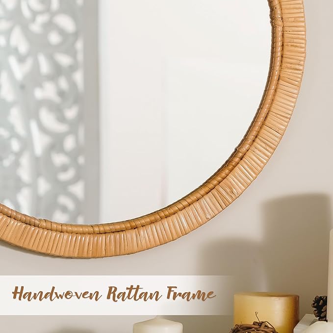 Rattan Wall Mirror - 20" Boho Round Bathroom Mirror Decorative Farmhouse Circle Mirror for Vanity Entryway Living Room Wall Decor