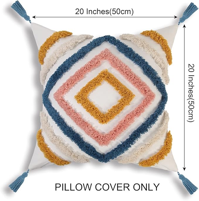 JASEN Throw Pillow Covers 20x20, Boho Pillow Cover with Tassels Woven Tufted Decorative Pillow Cover for Couch Sofa Bedroom Living Room (Blue, 20"x20")