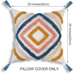 JASEN Throw Pillow Covers 20x20, Boho Pillow Cover with Tassels Woven Tufted Decorative Pillow Cover for Couch Sofa Bedroom Living Room (Blue, 20"x20")